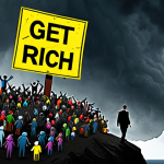 **Prompt:** A lone investor standing on a high cliff, overlooking a chaotic, swirling crowd of people rushing towards a brightly colored "Get Rich Quick" sign. Dark, ominous clouds gather overhead, contrasting with the enticing sign. The investor is holding a tattered investment plan, looking hesitant but determined. Style: Digital painting, dramatic lighting, realistic textures. Focus on conveying the tension between FOMO and disciplined investing.