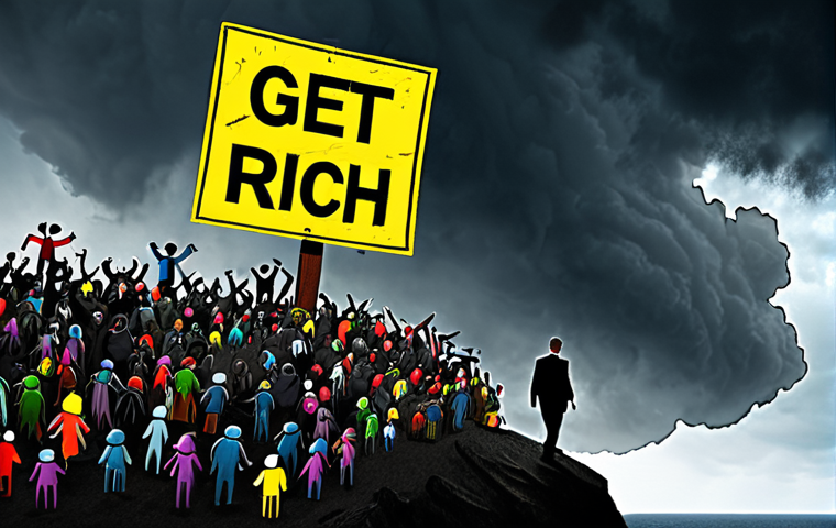 **Prompt:** A lone investor standing on a high cliff, overlooking a chaotic, swirling crowd of people rushing towards a brightly colored "Get Rich Quick" sign. Dark, ominous clouds gather overhead, contrasting with the enticing sign. The investor is holding a tattered investment plan, looking hesitant but determined. Style: Digital painting, dramatic lighting, realistic textures. Focus on conveying the tension between FOMO and disciplined investing.