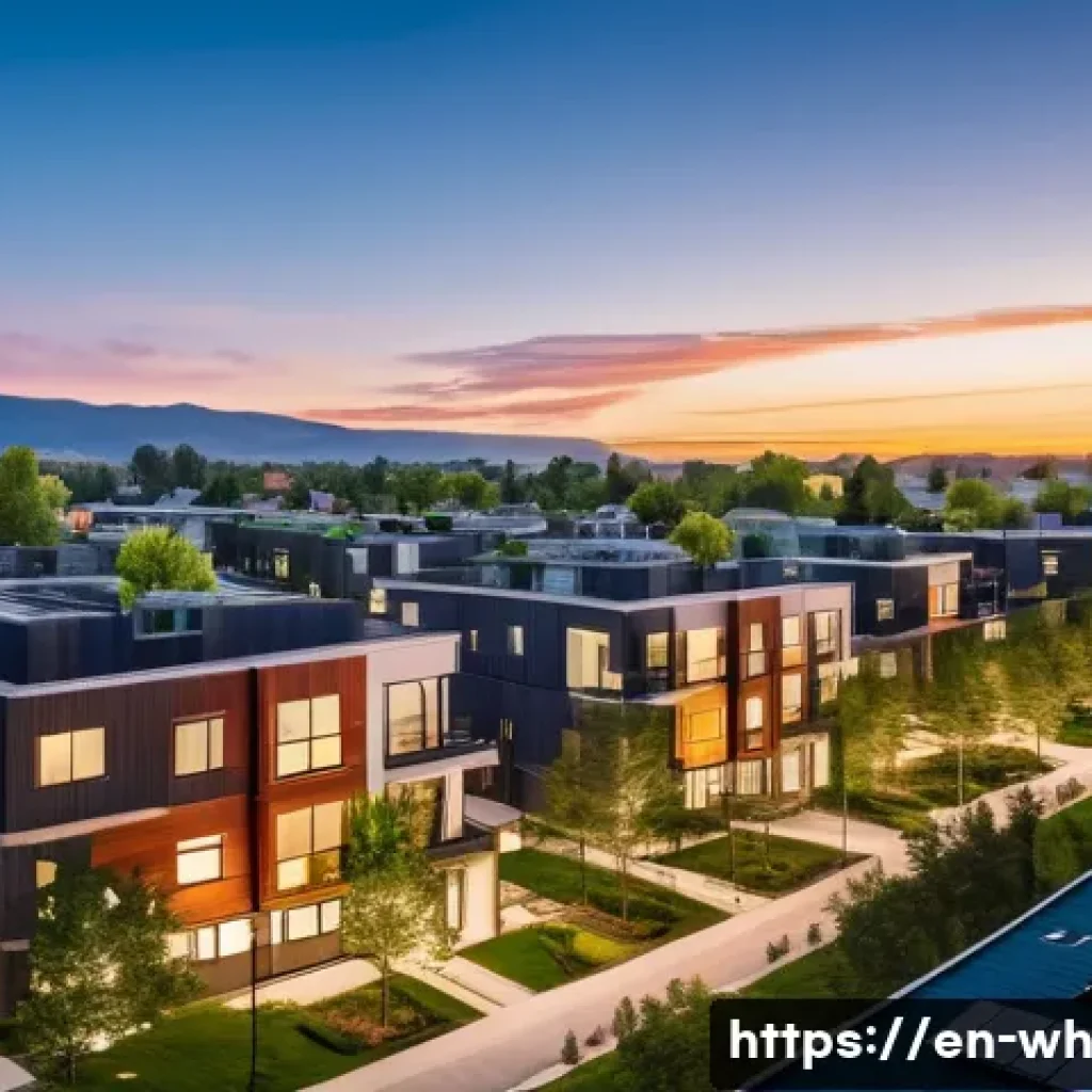 부동산 자산배분의 장단점 - A modern urban residential neighborhood at sunset featuring diverse mid-rise apartment buildings wit...