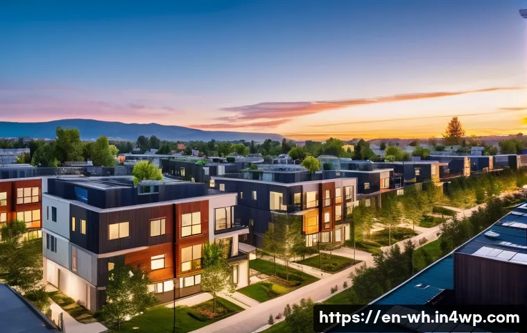 부동산 자산배분의 장단점 - A modern urban residential neighborhood at sunset featuring diverse mid-rise apartment buildings wit...