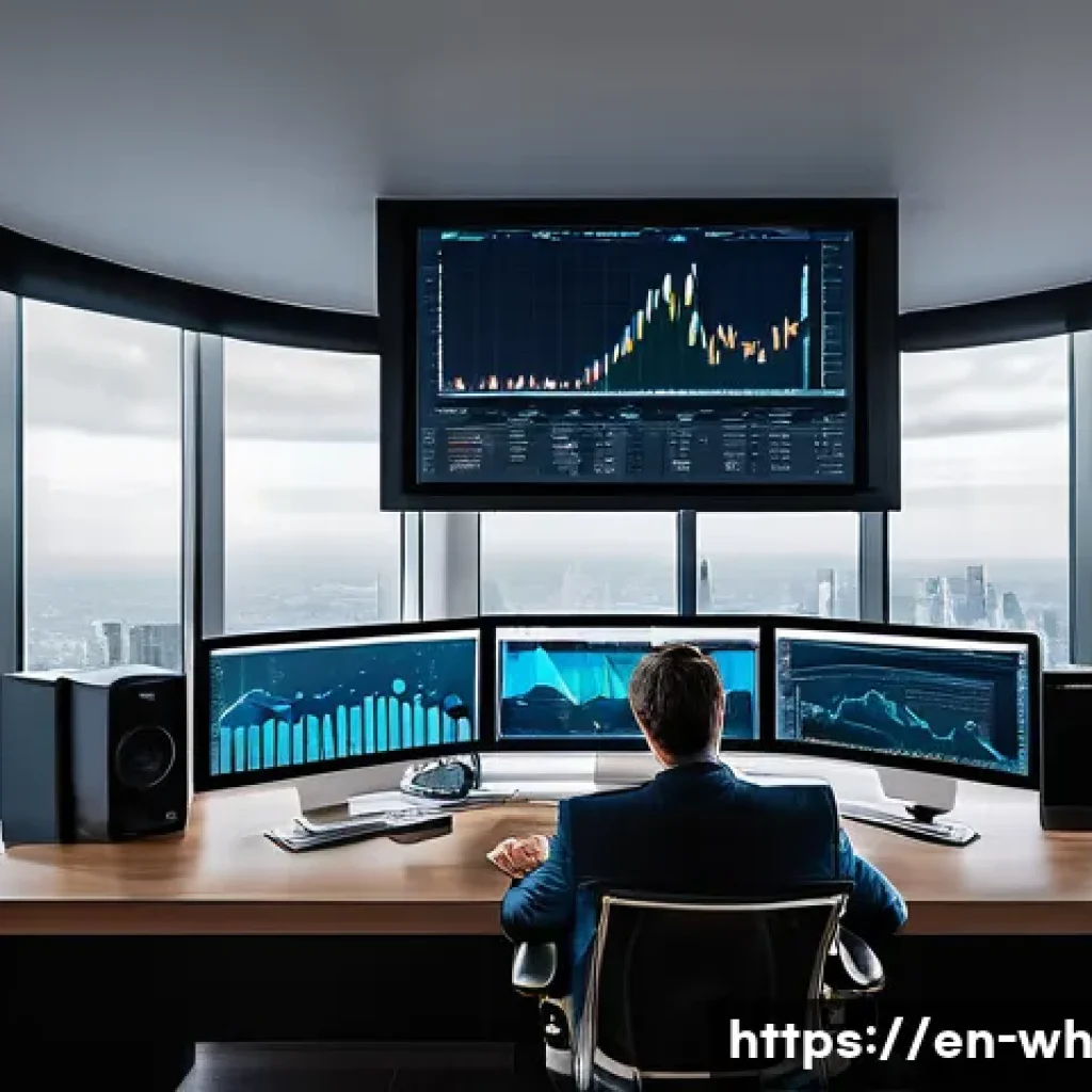자산배분의 실수 피하는 법 - A professional investor sitting calmly at a modern desk with multiple computer screens displaying di...