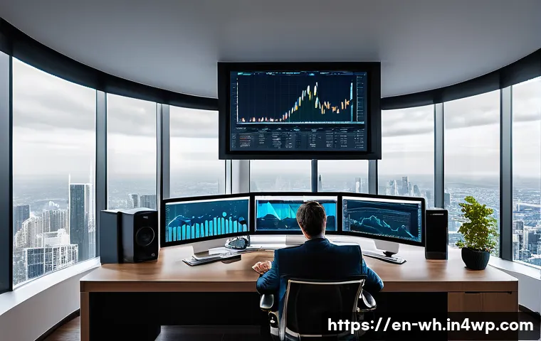 자산배분의 실수 피하는 법 - A professional investor sitting calmly at a modern desk with multiple computer screens displaying di...