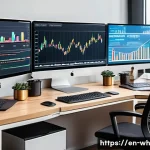 Home 21 자산배분의 성공 사례 분석 - A sophisticated financial advisor’s workspace featuring multiple digital screens displaying diversif...