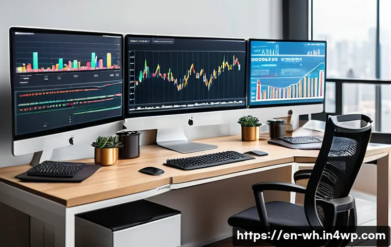 자산배분의 성공 사례 분석 - A sophisticated financial advisor’s workspace featuring multiple digital screens displaying diversif...