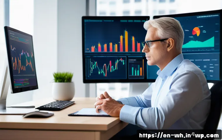 직장인 자산배분 실수 사례 분석 - A professional investor sitting at a modern office desk, thoughtfully analyzing a diversified portfo...